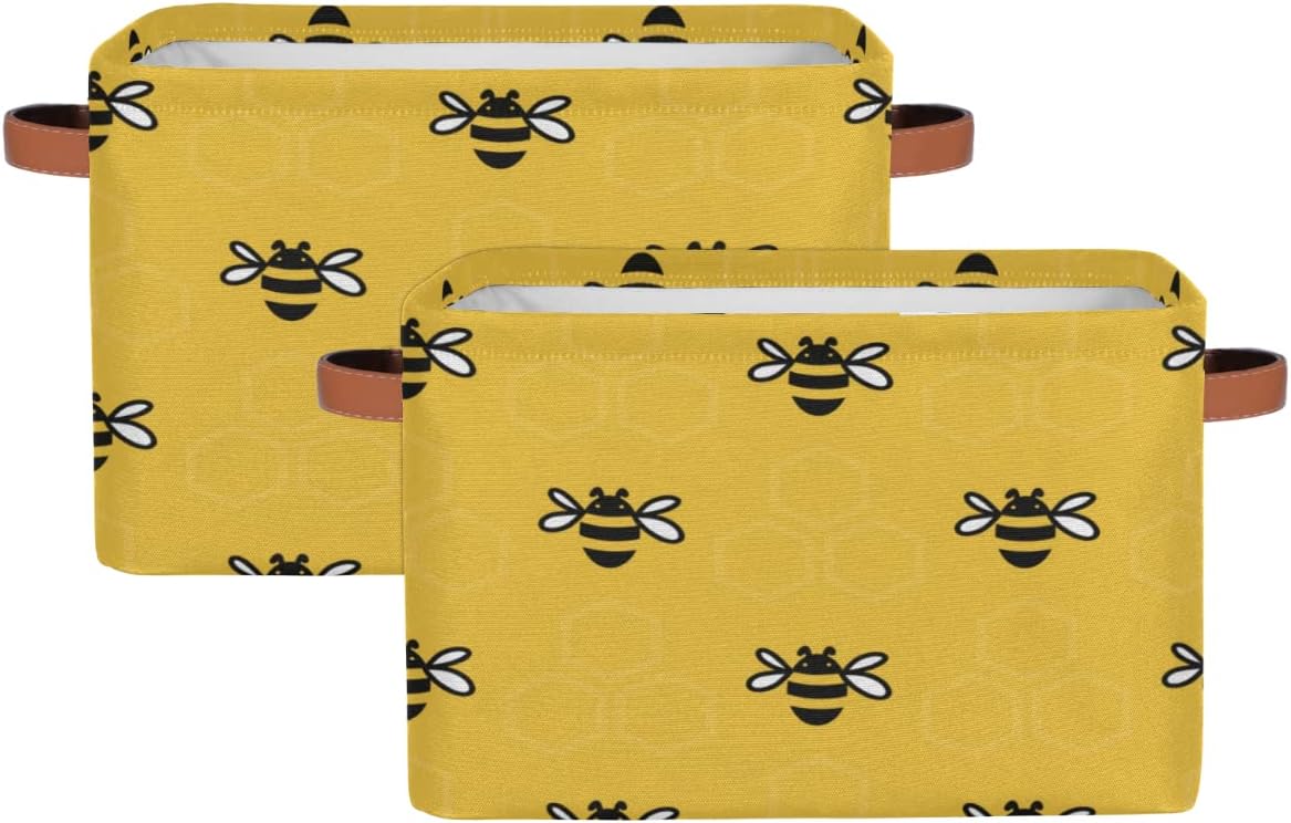Bee Honeycombs Yellow Background Storage Baskets Set of 2 Foldable Storage Bins Rectangle Farbic Storage Cubes with Handles Collapsible Gift Storage Organizer for Laundry Shelves Closet-2PCS