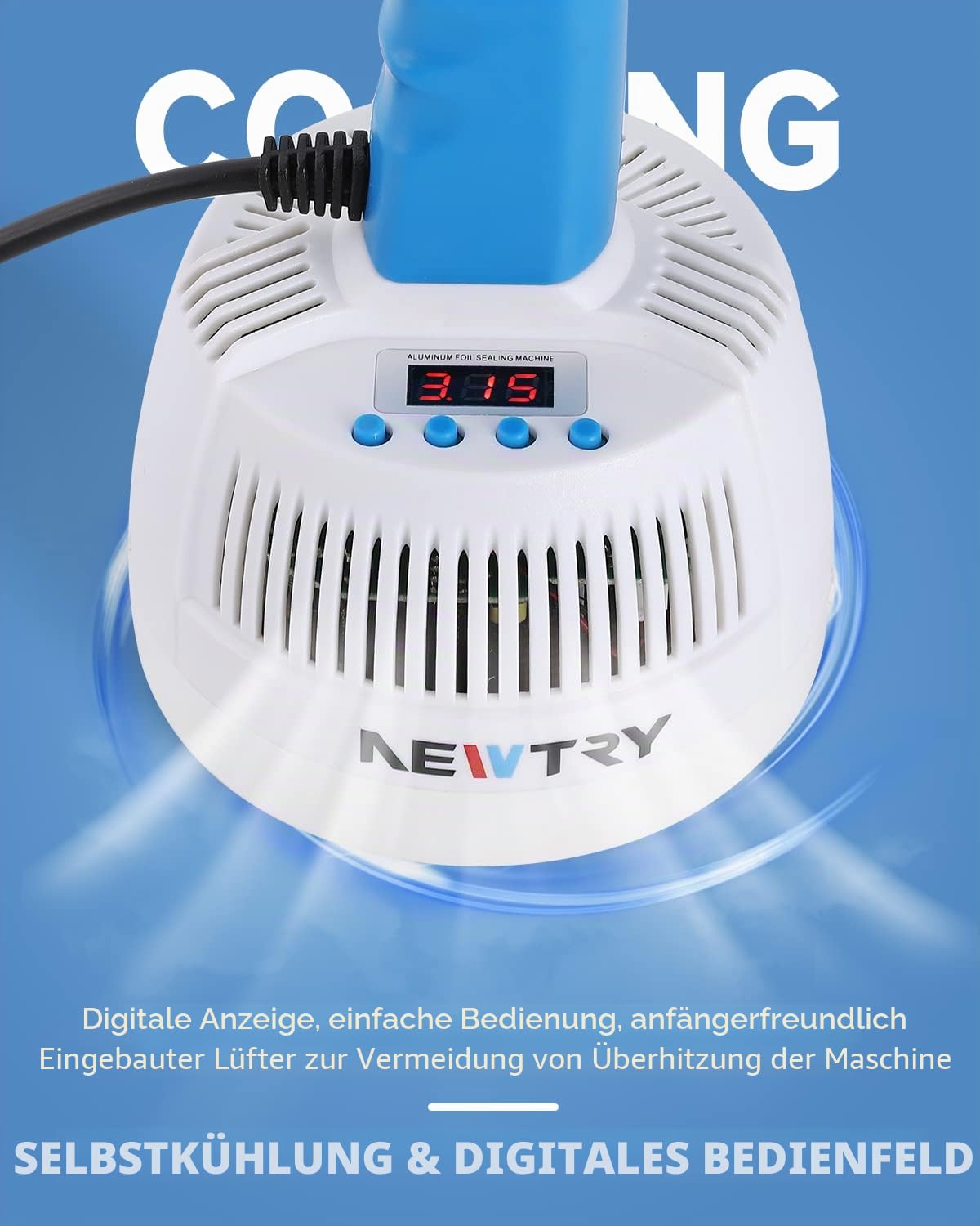 NEWTRY 20-100mm Elektromagnetische Induktionsdichtungsmaschine, tragbare Aluminiumfolie-Dichtungsmaschine für Kunststoff oder Glas Flaschen mit flachem und nichtmetallischen Deckel