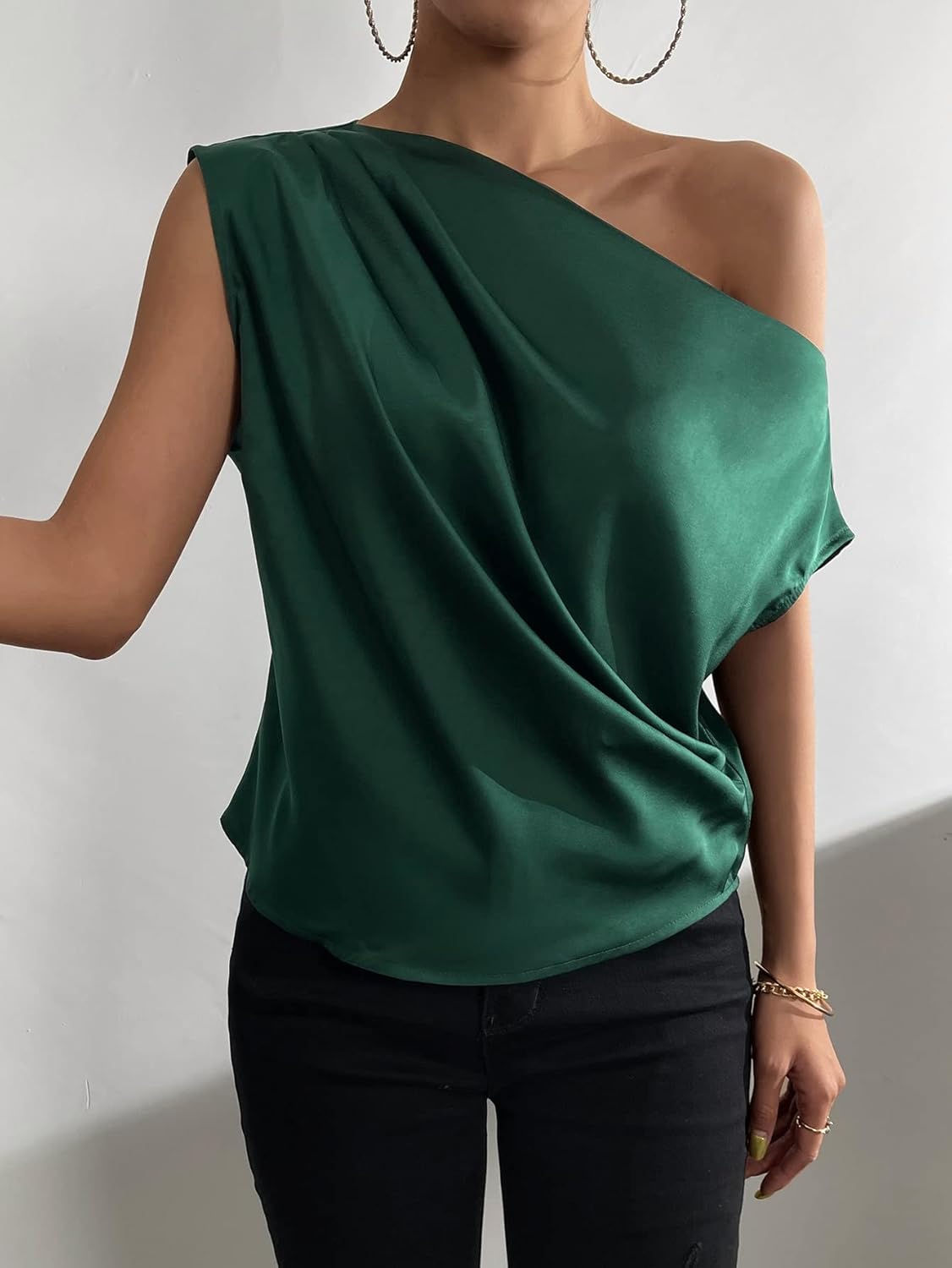 OYOANGLE Women's Satin Off The Shoulder Short Sleeve Asymmetrical Neck Ruched Work Office Blouse Top - Image 3