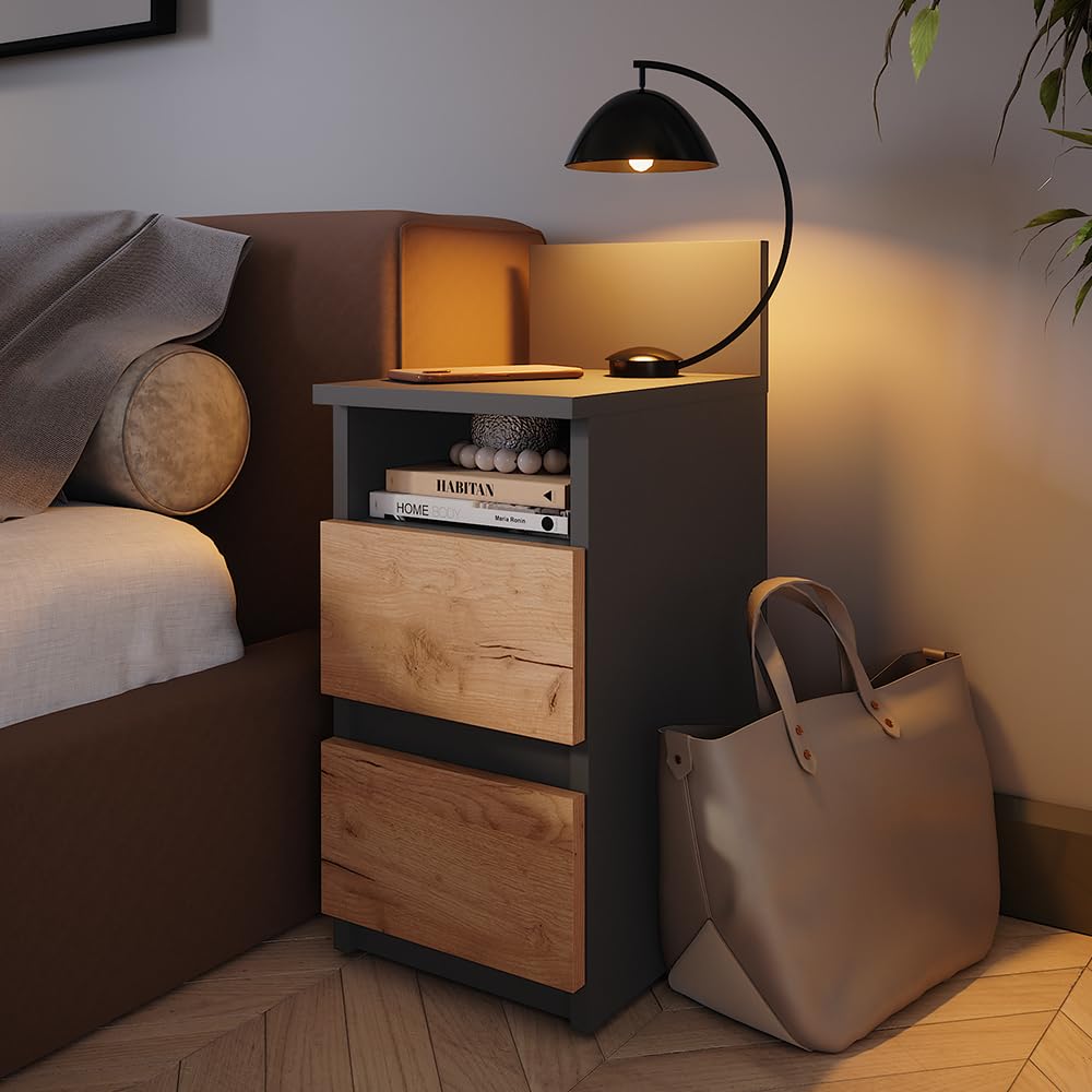 Vicco La cassettiera Monty, Antracite/Rovere dorato, 25 x 59.1 cm con 2 cassetti, adatto per il posizionamento flessibile accanto al letto o al divano