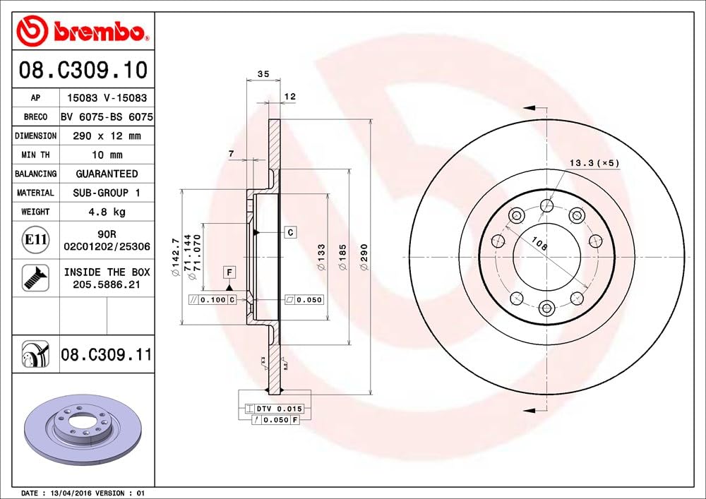 Brembo 08.C309.11 - Disco Freno con Verniciatura UV (Set di 2) - Posteriore