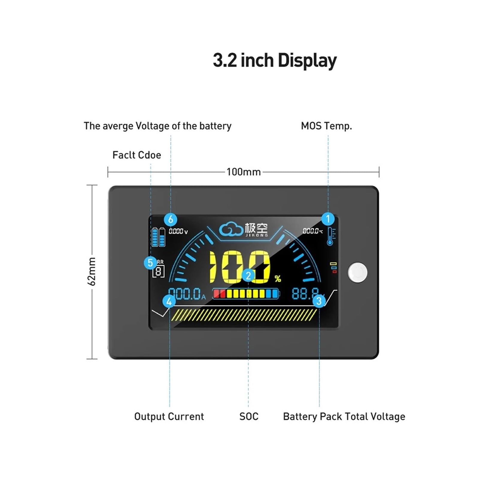 KOSBO JK Accessory 3,2 Zoll LCD-Bildschirm for JK Smart BMS, Anzeige von Spannung, Strom, SOC, Temperaturanzeige