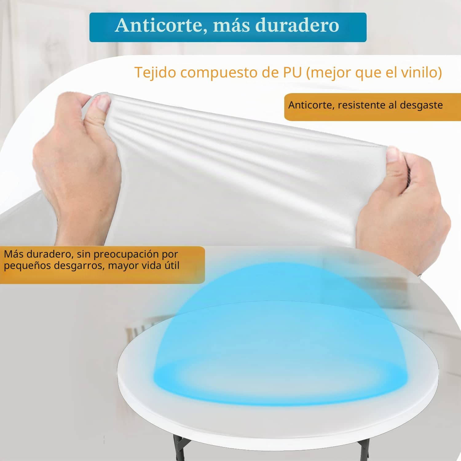 Mantel Ajustable Redondo de Poliuretano con diseño Doble, elástico antidesgarros, Ajustable Suave al Tacto, Impermeable a Prueba de Aceite (Blanco, 145-152cm)