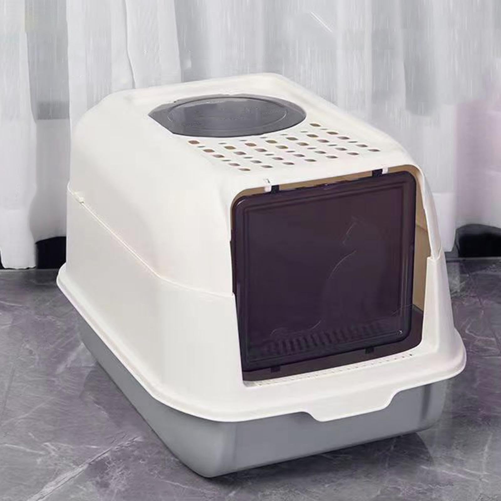 Arenero para Gatos con Tapa, Puerta Retráctil, Bandeja Abierta, Laterales Altos, Material PP, Función de Control de Olores, Apto para Uso en Interiore
