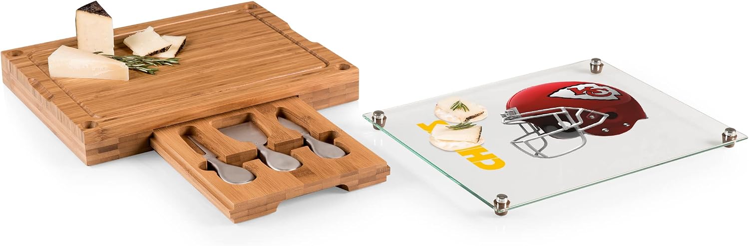 PICNIC TIME NFL Concerto Glass Top Cheese Board and Knife Set - Charcuterie Board Set - Glass Top Cutting Board, (Bamboo)