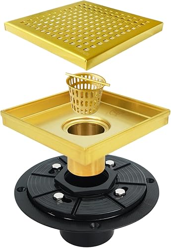 Miniatura 8 de Neodrain - Drenaje cuadrado de 4 pulgadas con rejilla extraíble de patrón cuadrado, acero inoxidable 304 cepillado, incluye base de drenaje, colador