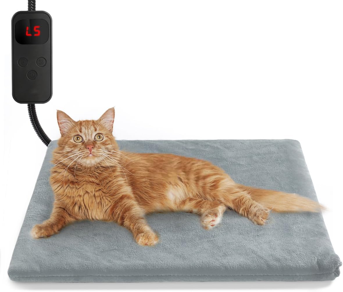 pet heating pad for cat dog,extremely waterproof heated cat bed outdoor&indoor,adjustable heated dog blanket mat with 6 temperature&5 timers set,pet heater warmer(grey,m-17.7" lx17.7 w) 17.7"l x 17.7"w x 1.3"th
