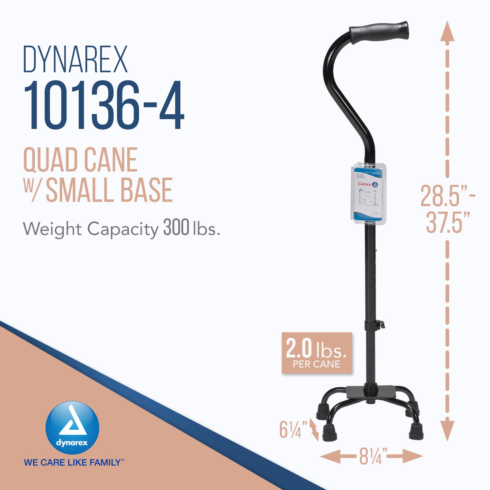 Dynarex Quad Cane with Small Base, Provides Optimal Mobility Support in a Stable One-Hand Walking Aid, 300 Pound Weight Capacity, Black, 4 Canes