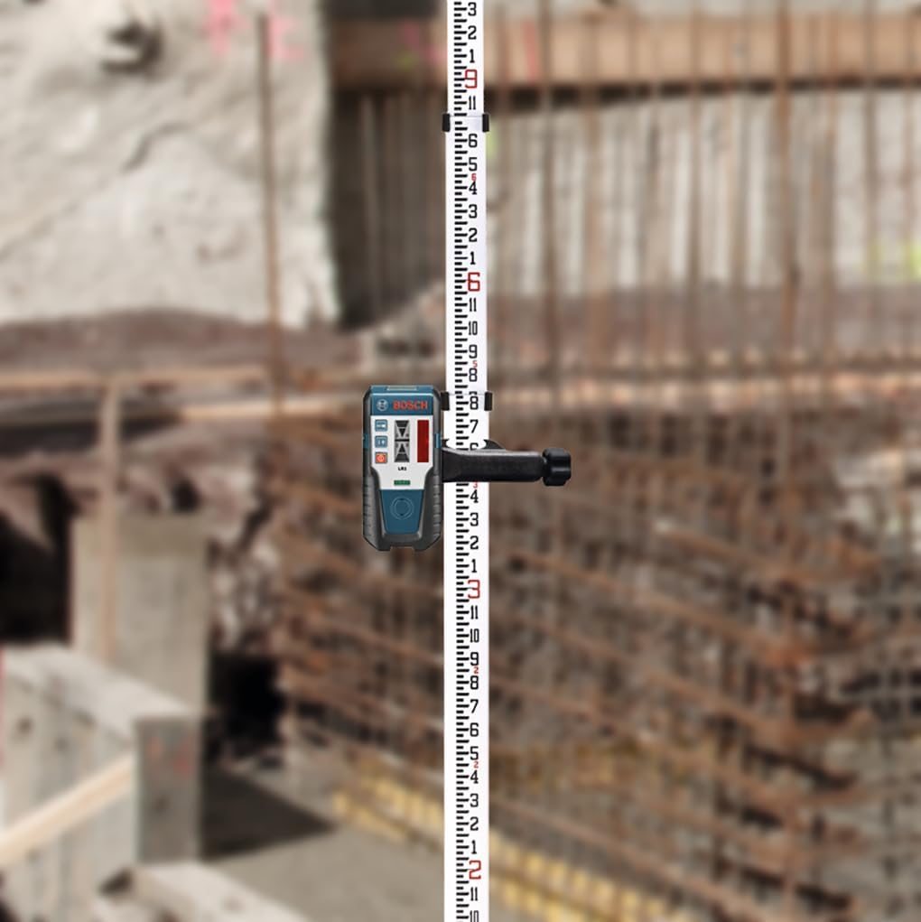 Close-up of the Bosch LR1 receiver on a grade rod, showing the display.