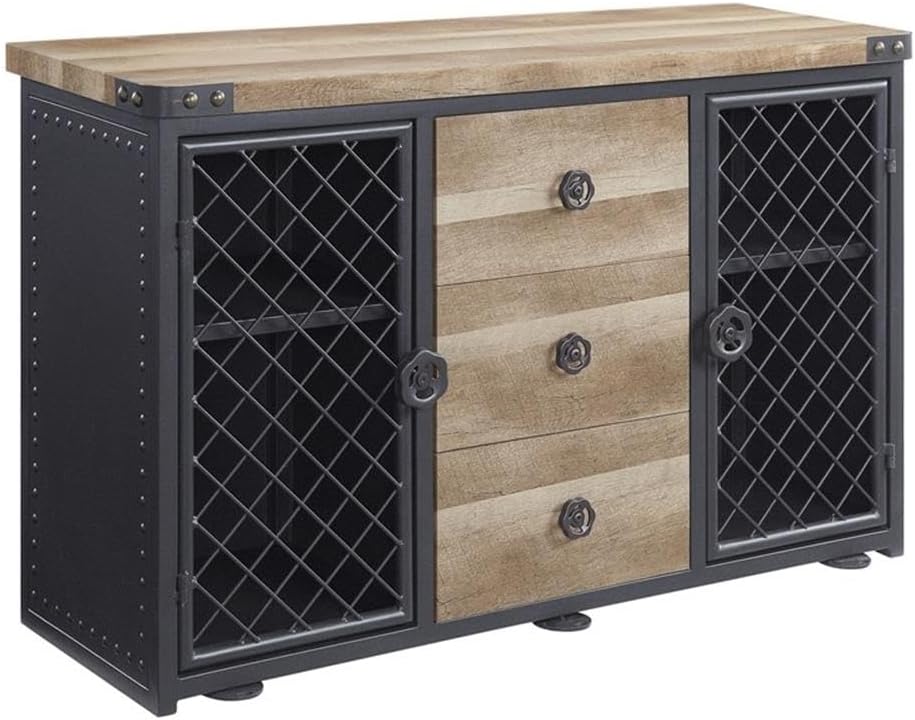 Acme Edina 3-Drawer Wooden Server with Metal Doors in Oak and Sandy Black