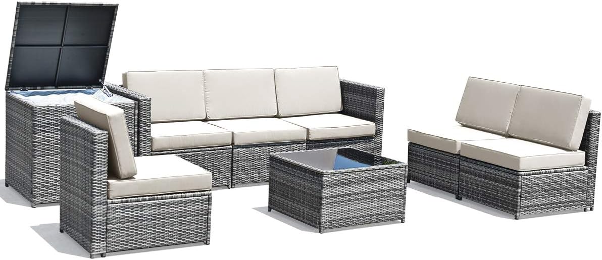 HAPPYGRILL 8-Pieces Patio Furniture Set Outdoor Rattan Conversation Set with Storage Box Sectional Wicker Sofa Set with Coffee Table and Cushions for Garden Backyard