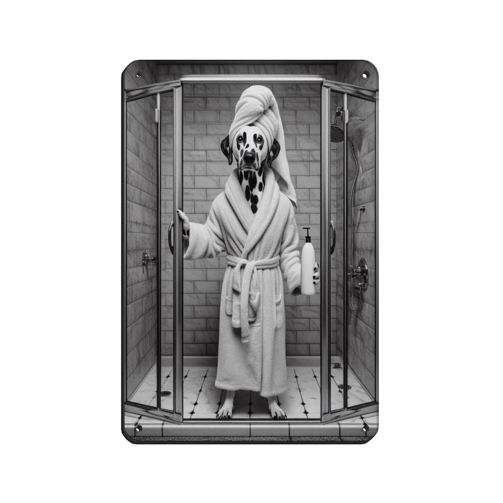Dog in Bathrobe Taking Shower Tin Sign Vintage Metal Pub Club Cafe Bar Home Wall Art Decoration Poster Retro 8x12inch(20x30cm)