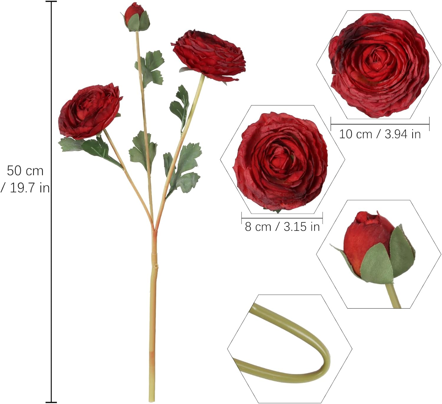Red Ranunculus Artificial Flowers 4PCS Vintage Faux Ranunculus Flowers Silk Peony Flower Stem for Wedding Bouquets Party Home Table Centerpiece Arrangement(Red) - Image 2