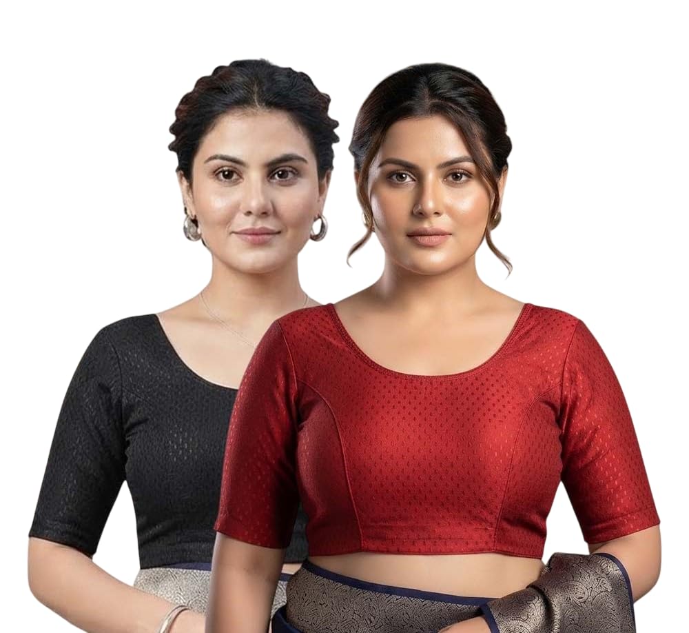 Stretchable Readymade Pack of 2 Round Neck Half Sleeve Solid Blouse Black Red-image-1