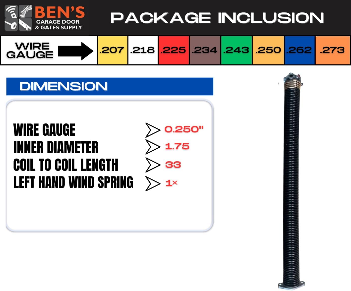 Torsion Garage Spring .250 x 1.75" x 33" (Left Wound) (Cone Color: Black)