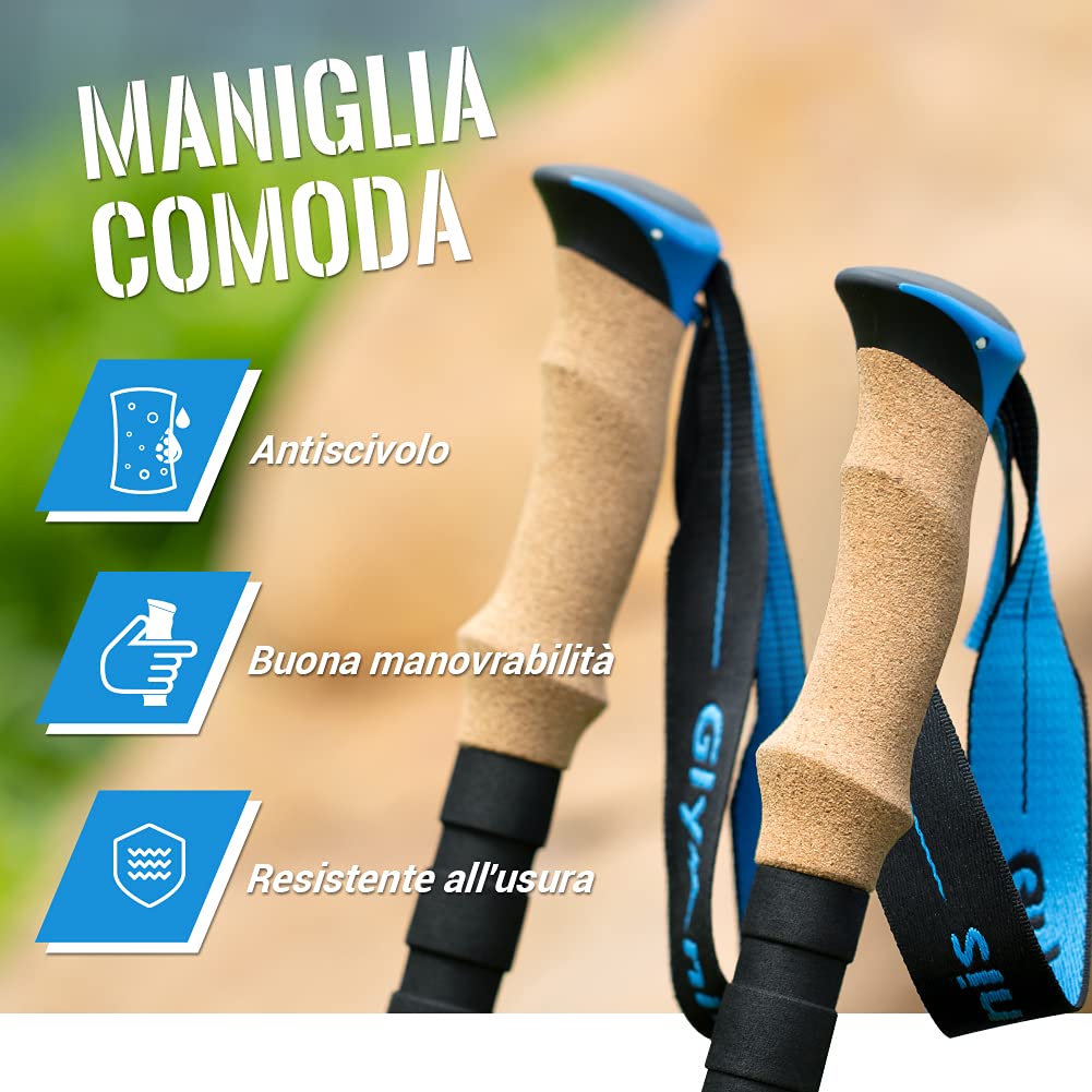 Glymnis Bastoni Trekking Bastoncini da Trekking 3 Sezioni Lunghezza Regolabile 65-135cm in Alluminio 7075 con Sistema di Blocco Rapido e Impugnatura in Sughero per Escursioni Blu