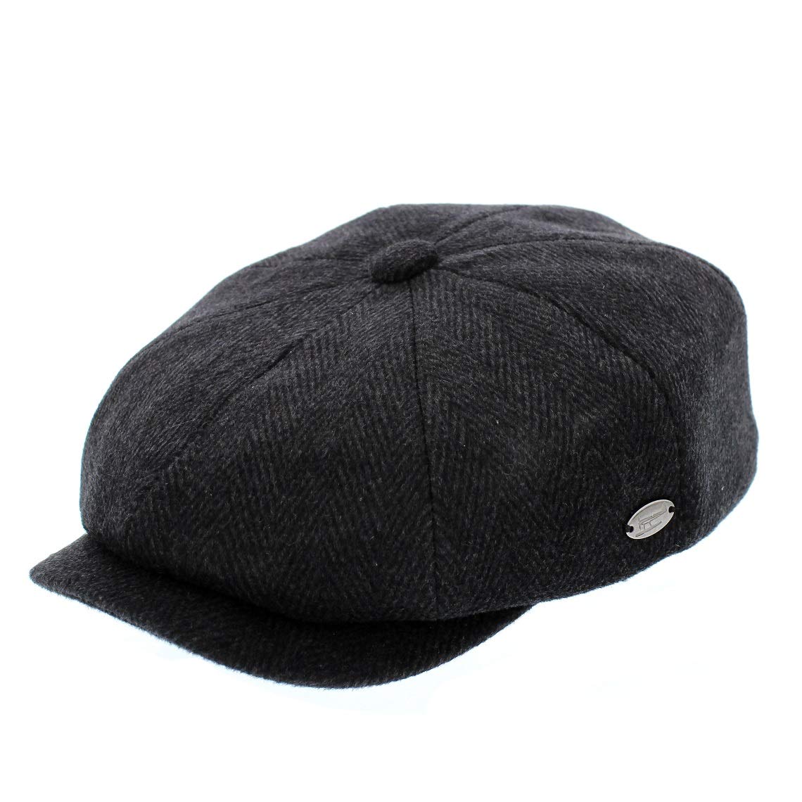 Whiteley Men's Black Wool Herringbone Bakerboy/Newsboy Cap (M07) (58Cm, )