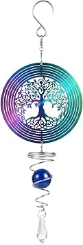 3D Metal Wind Spinners for Garden Outdoor, Stainless Steel Hanging Wind Chimes with Spiral Tail, Tree of Life Garden Spinners Outdoor Decorations, Rainbow Wind Sculptures Ornaments 40cm