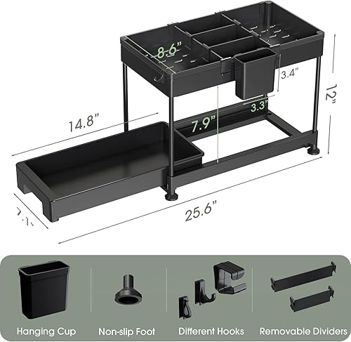 Miniatura 2 de SPACEKEEPER Organizador para debajo del fregadero organizador deslizante de 2 niveles para debajo del baño estante de almacenamiento con ganchos