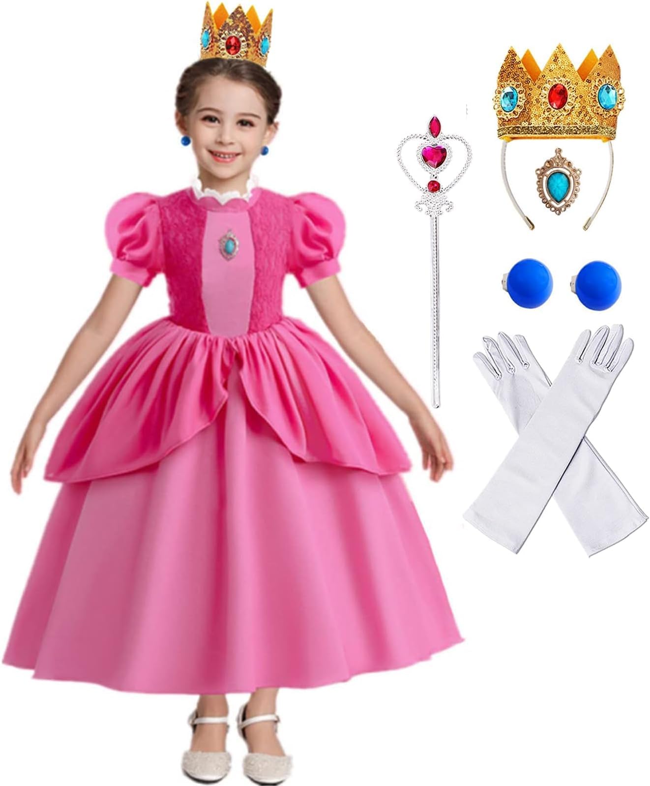 CMXOAJ Princess Peach Costume, Princess Costumes for Girls, Pink Dress Puff Sleeve Fairy Princess Dress Super Bros Girls' Dresses Cosplay Fancy Dress Up with Peach Crown Magic Wand Gloves Earrings