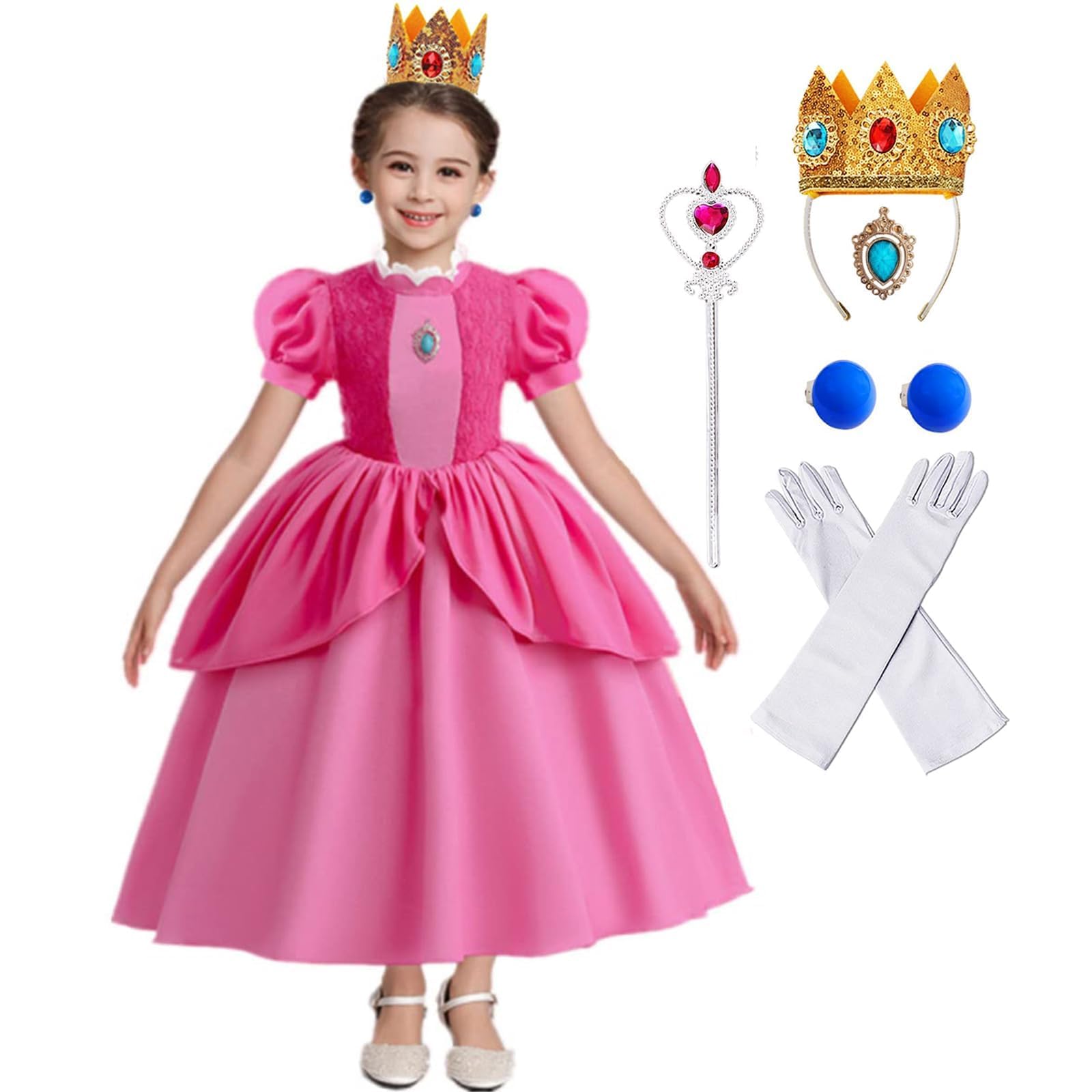 CMXOAJ Princess Peach Costume, Princess Costumes for Girls, Pink Dress Puff Sleeve Fairy Princess Dress Super Bros Girls' Dresses Cosplay Fancy Dress Up with Peach Crown Magic Wand Gloves Earrings