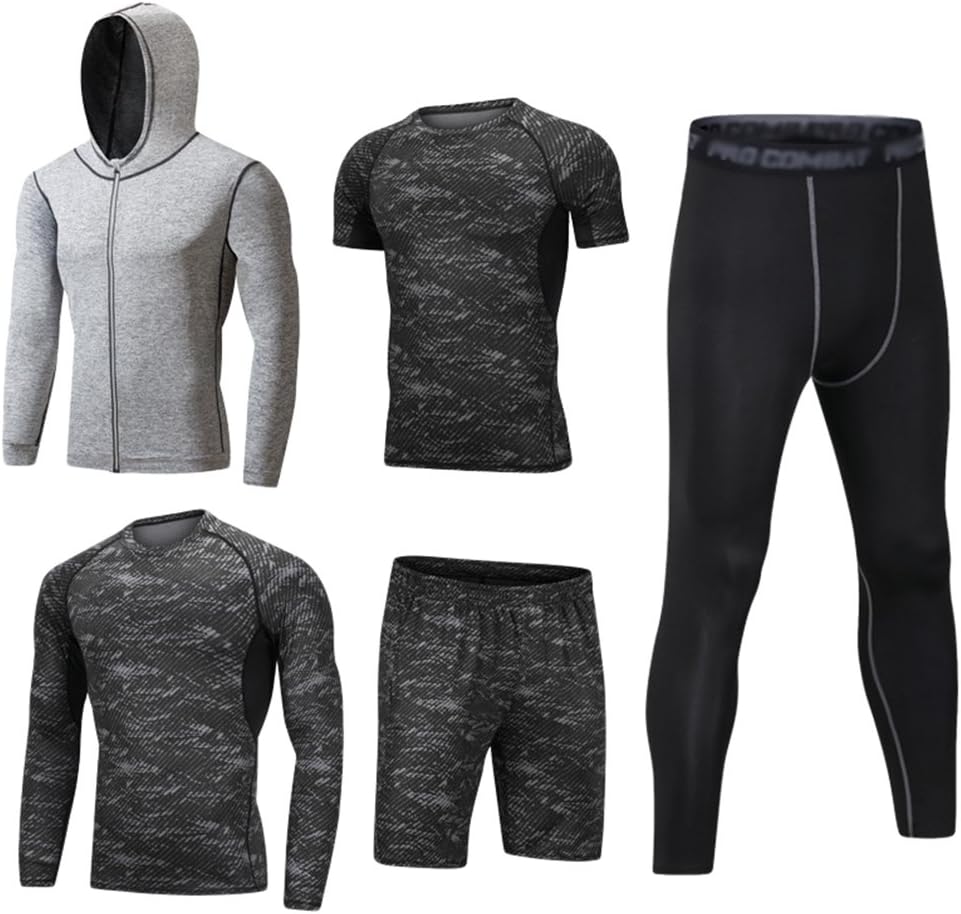 DooxiMens 5pcs Sports Gym Fitness Clothing Set Hoodies Jackets+Long Sleeve+Short Sleeve Base Layers T Shirts+Loose Fitting Shorts+Compression Pants for Workout Training Running Tracksuits
