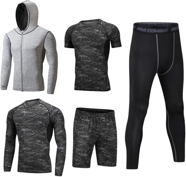Dooxi Mens 5pcs Sports Gym Fitness Clothing Set Hoodies Jackets+Long Sleeve+Short Sleeve Base Layers T Shirts+Loose Fitting Shorts+Compression Pants for Workout Training Running Tracksuits