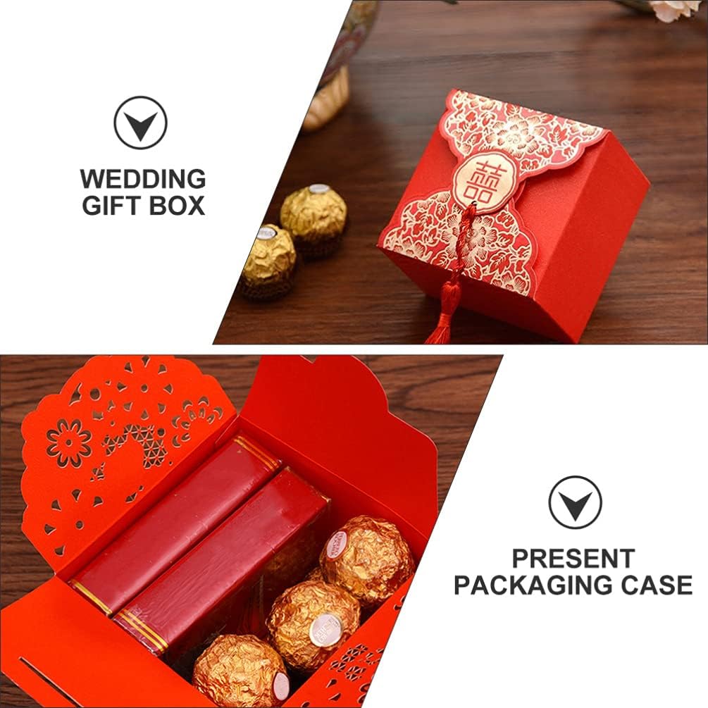 Amosfun 20pcs Chinese Wedding Candy Box Red Favour Treat Boxes with Tassel Sweets Packaging Bags for Wedding Engagement Party Supplies S - Image 4