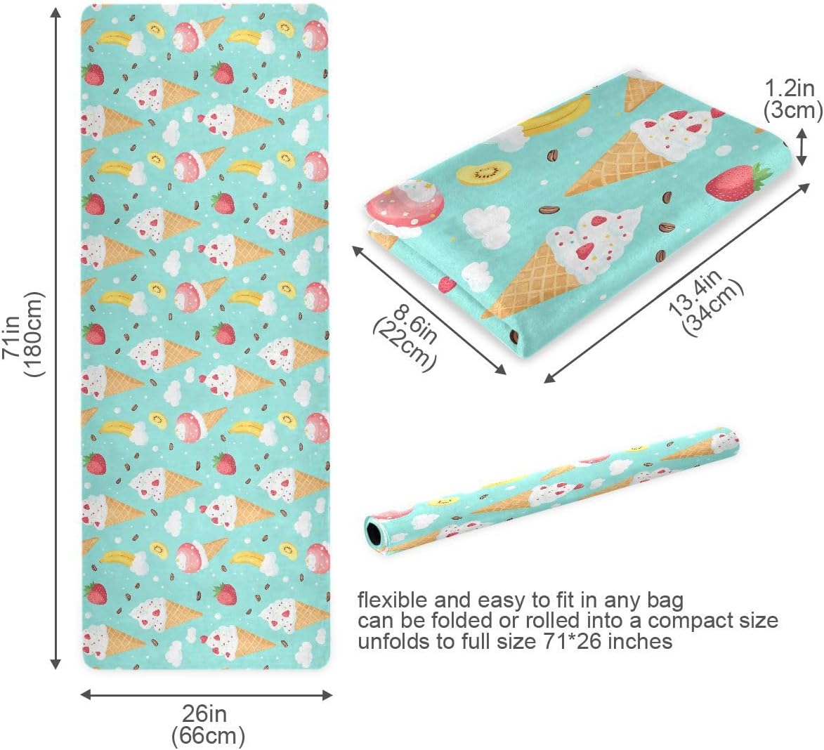 ALAZA Ice Cream Strawberry Banana Pattern Yoga Mat Non Slip Fitness Exercise Mat, Workout Mat for Yoga, Pilates and Floor Exercises