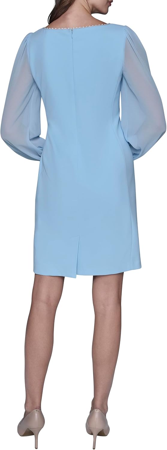 Karl Lagerfeld Women's Long Chiffon Sleeve Pearl Collar Crew Neck Scuba Crepe Dress