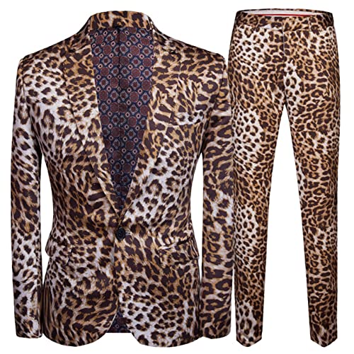 Men's Pattern Shawl Lapel Sequins Blazer One Button Slim Fit Casual Print Jacket Suit Turn Down Collar Sport Coat (Leopard Color 3,Xx-Large) #TOP16