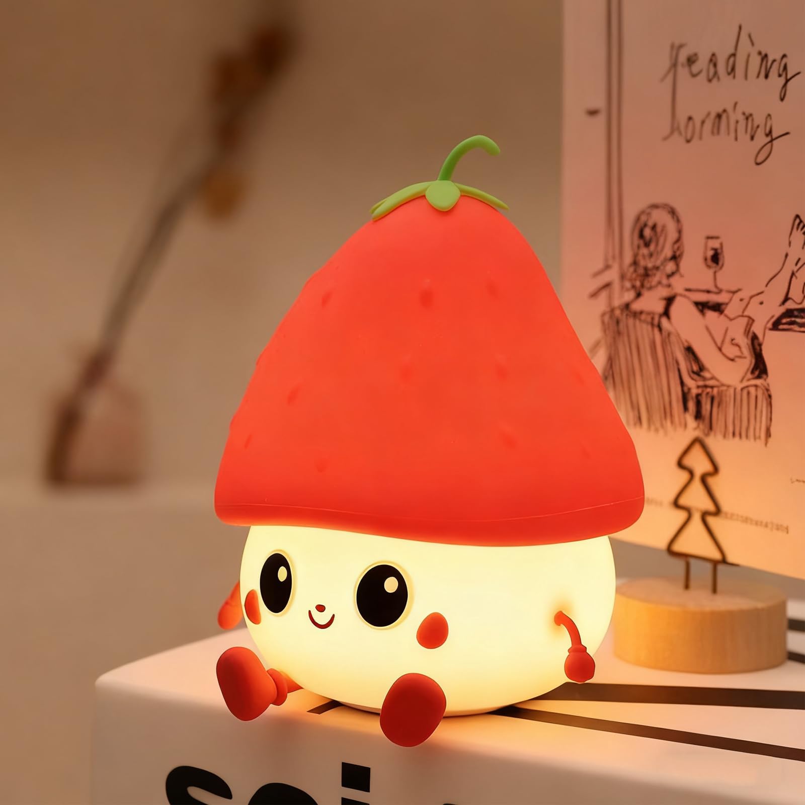 Cute Strawberry Night Light, Silicone Rechargeable Nightlight for Kids, Baby, Toddler, Girls, Dimmable LED Bedside Table Lamp, Kawaii Room Decor, Night Lights for Children Bedroom, USB Charge