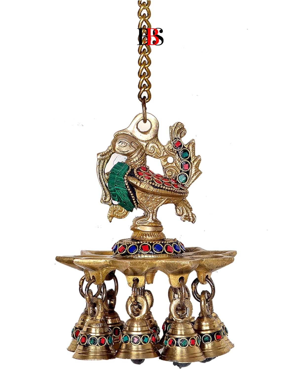 Diya Brass Peacock Hanging Stone Design, Deepak Hanging Peacock Oil Lamp, Brass Diya Hanging Peacock with Bells, Home Living Decoration