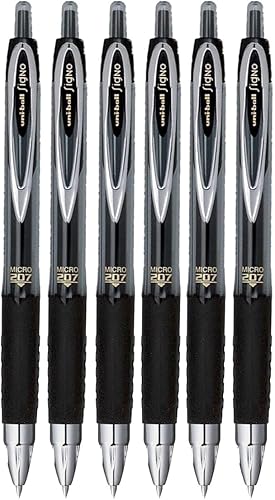 Uni-ball Signo 207 Bolígrafos de gel retráctiles, punta micro (0.020in), tinta negra, 6 unidades, paquete con bolsa de plástico reutilizable