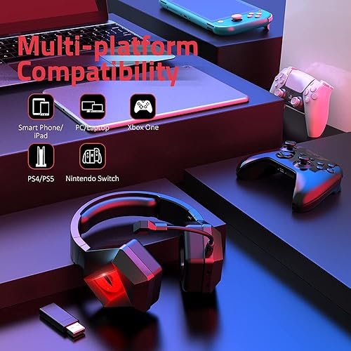 Miniatura 7 de BENGOO Auriculares inalámbricos para juegos 24G para PS5 PS4 PC con micrófono desmontable con cancelación de ruido luz LED roja orejeras de memoria