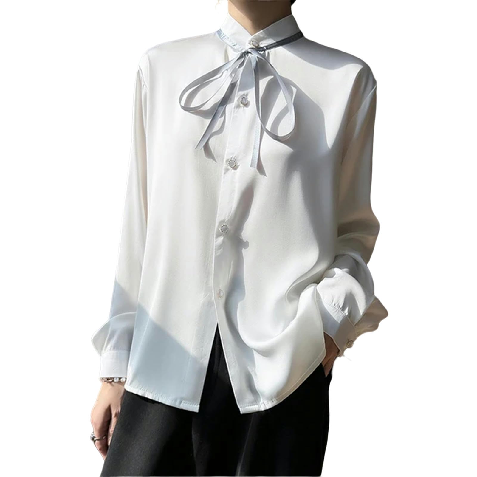 Bluse Damen Cardigan Stehkragen Satin Shirt Frauen Frühling Stil Bluse Langarm Top-Weiss-m