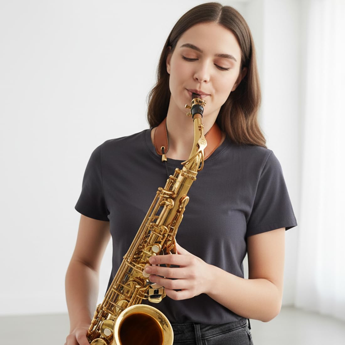 Tracolla per Sax, Cinturino Collo Ergonomico e Regolabile, Gancio in Metallo ad Alta Resistenza, Super Fibra Leggera e Confortevole, per Strumenti Musicali (Marrone)