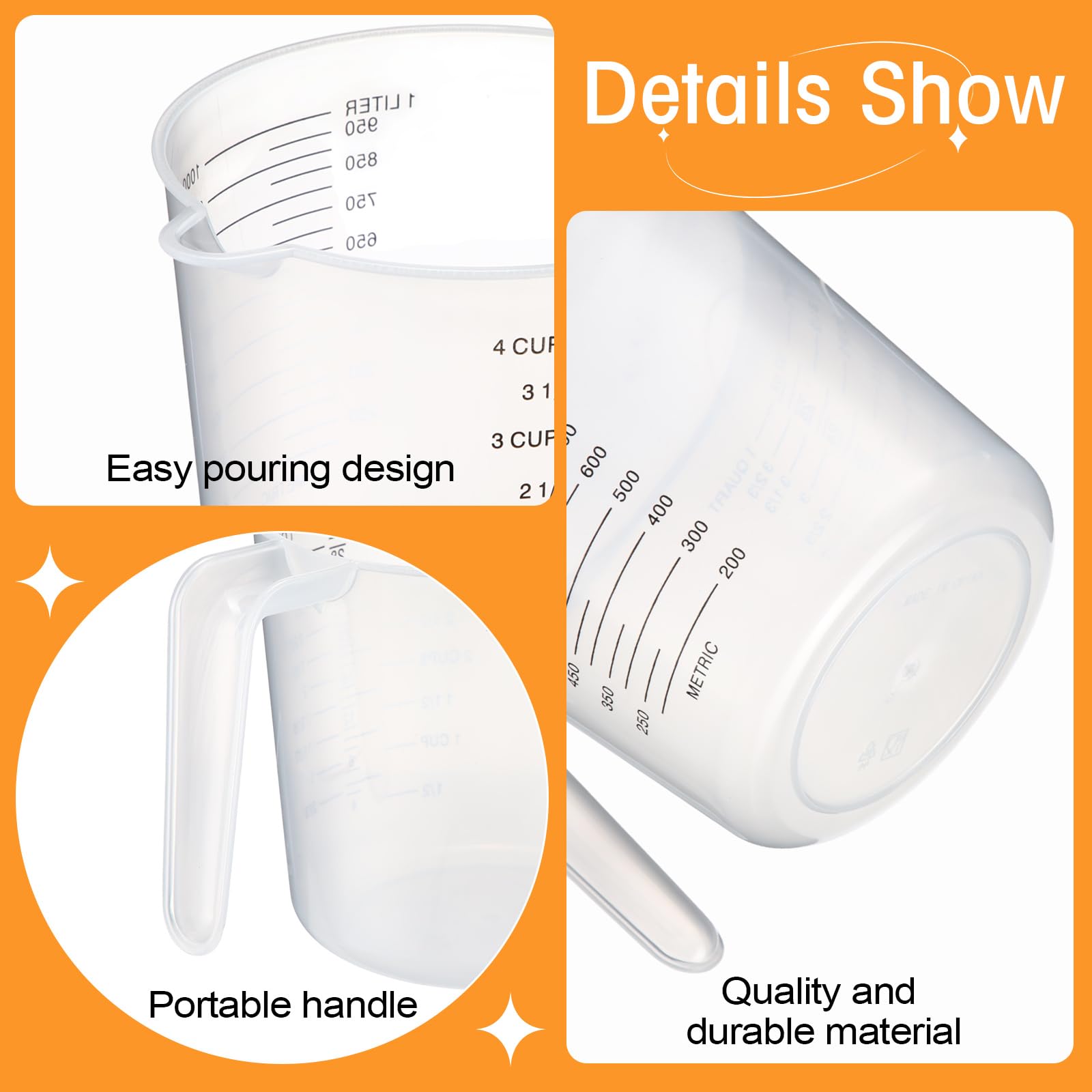 Fabbay 24 tazas medidoras de plástico con capacidad para 4 tazas de 1000 ml, tazas medidoras graduadas transparentes con boquilla y asas, marcado de onzas y ml para ingredientes de receta, harina
