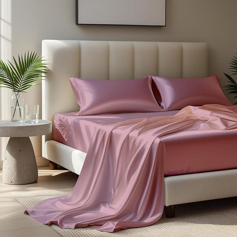 Image of Premium Satin King Size (92x106 Inchs) with 2 Pillow Cover Bedsheet Ultra Soft & Silky Smooth, Breathable Cooling Fabric, Luxury Glossy Finish|Light Mauve