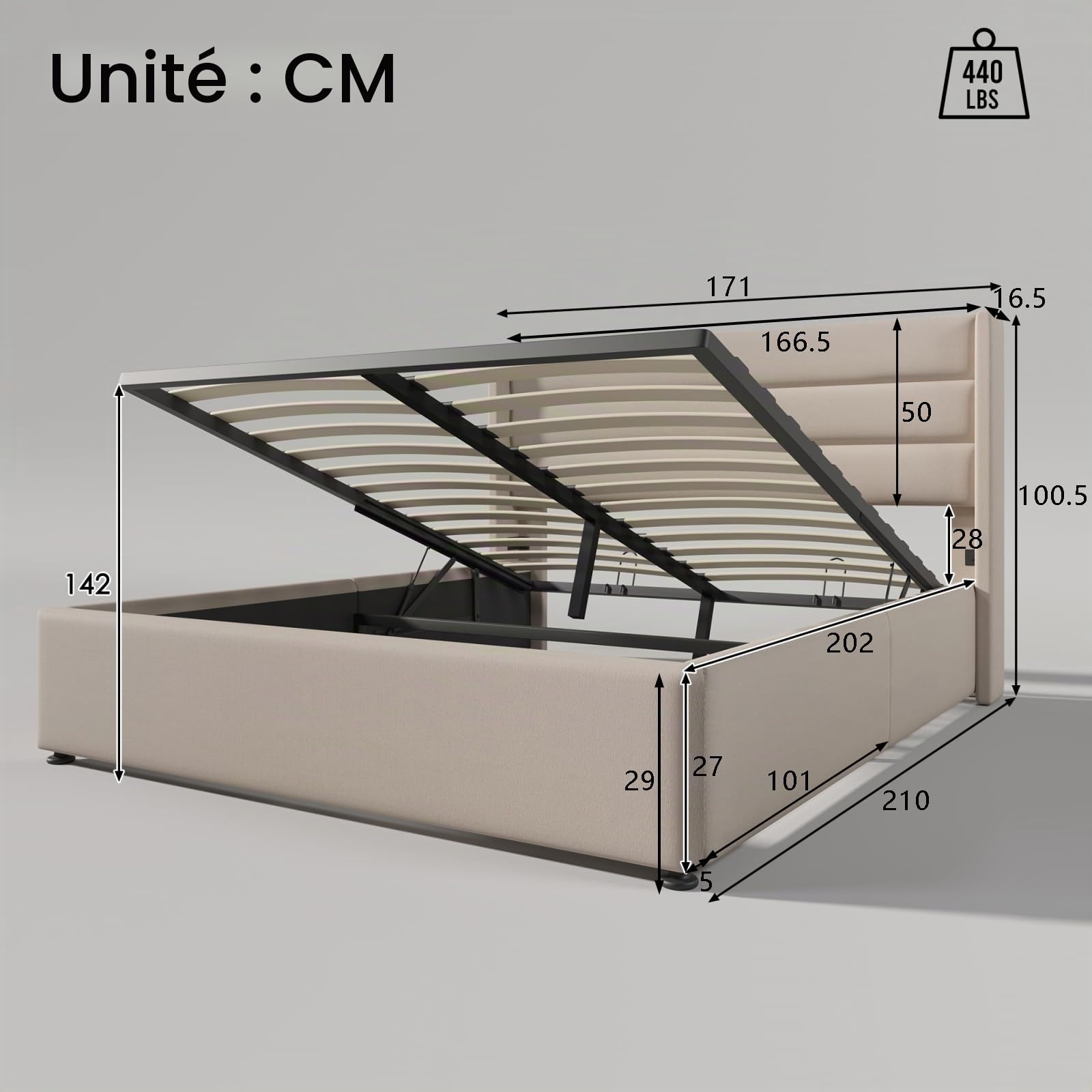 FEEOHOME Lit Double Rembourré 160 x 200 cm, lit 2 Places avec Cadre de lit et Espace de Stockage, Lits Coffre sommier à Lattes pour Adulte Adolescent, Lin Beige