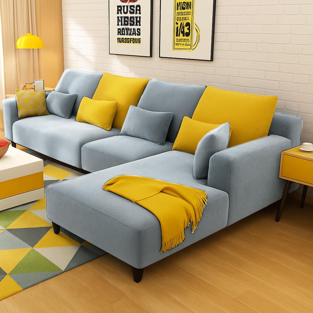 FURNY Mintora 6 Seater Fabric RHS L Shape Sofa Set (Light Grey) with Extra Cushions | Premium Velvet Finish | Ideal for Living Room FURNY Mintora 6 Seater Fabric RHS L Shape Sofa Set (Light Grey) with Extra Cushions | Premium Velvet Finish | Ideal for Living Room