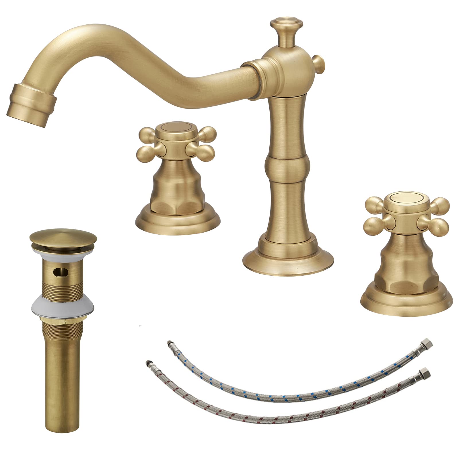 BWE 3 Hole Bathroom Faucet BWE Widespread 2 Handles Cross Knobs Antique Brass Sink Faucet Basin Mixer Tap Matching Metal Pop Up Drain with Overflow and Supply Lines
