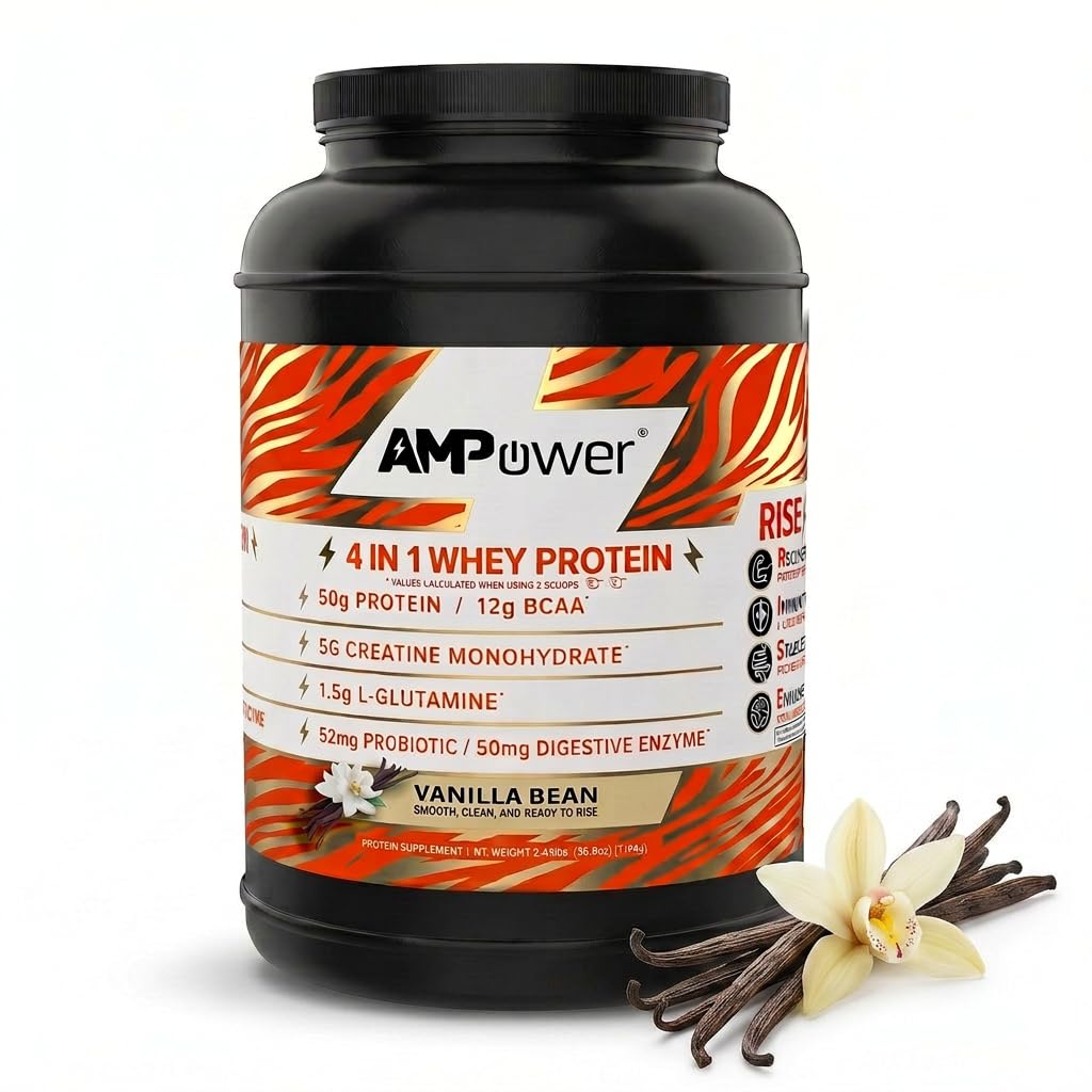 AMPOWER Vanilla Bean Whey Protein Powder - R.I.S.E Formula Designed by Athletes - 25g Protein, BCAA, Creatine, L-glutamine, Probiotics & Digestive Enzymes - Whey Isolate Protein Powder 30 Servings