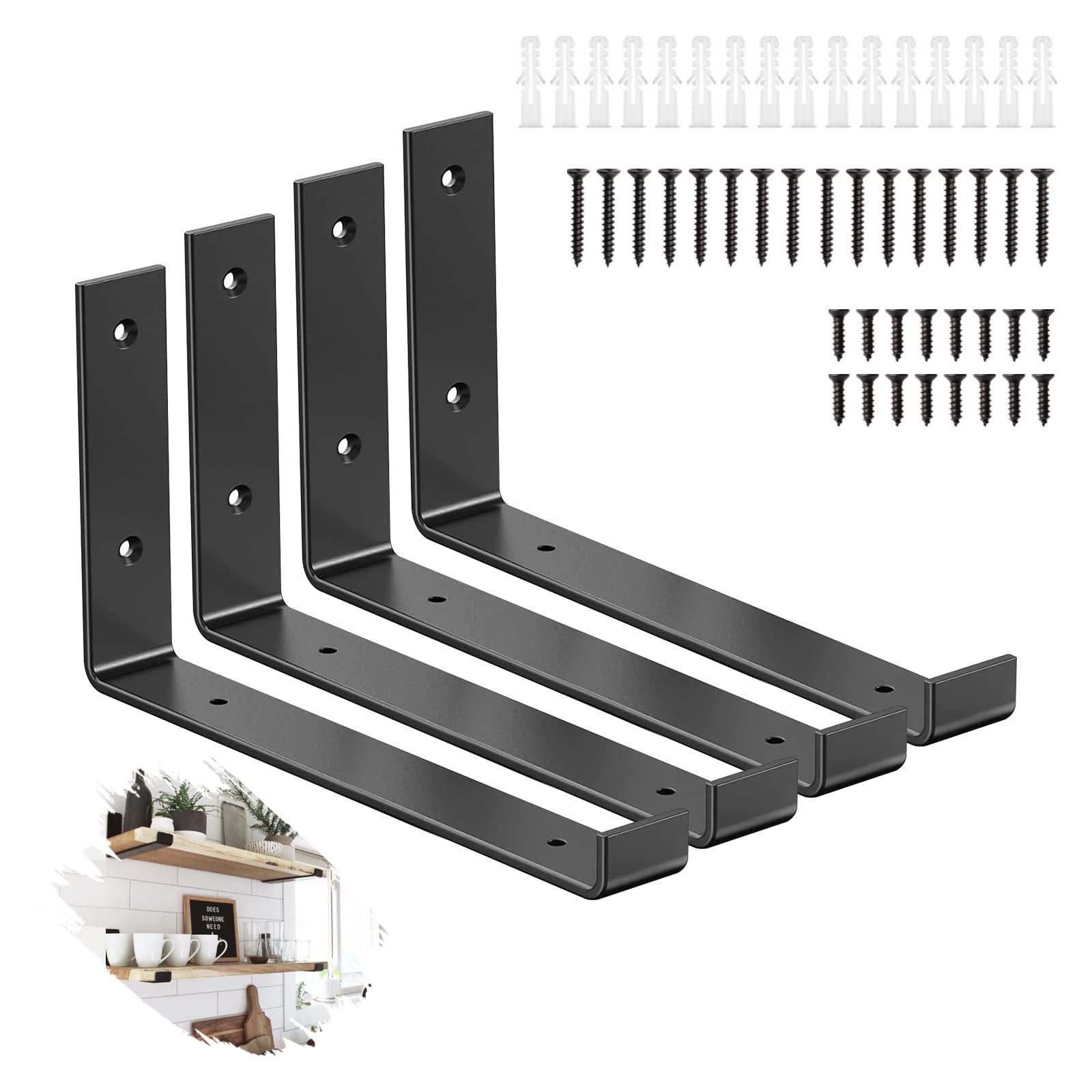 Ohiyoo Black 4 Pcs Shelf Bracket, 9 Inch Heavy Duty Shelf Brackets Scaffold For Scaffold Board Shelving, Rustic Wall Mounted Shelve Brackets Floating Shelf L Shape (5.5 * 9 Inch)