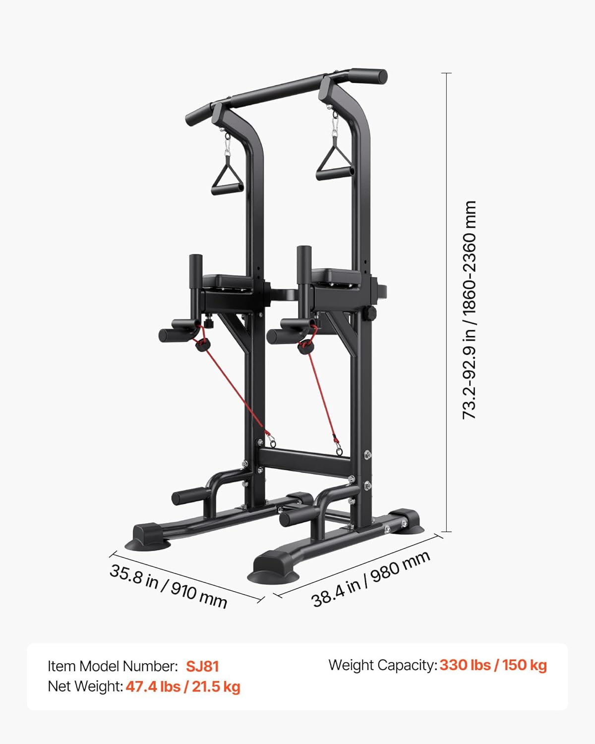 VEVOR Pull Up Bar, 330 LBS Power Tower Dip Station, Workout Dip Station with H-Shaped Stable Base & Back Pad, Adjustable 12 Level Height Free Standing Chin Up Bar for Back, 4-Level Adjustable Back Pad