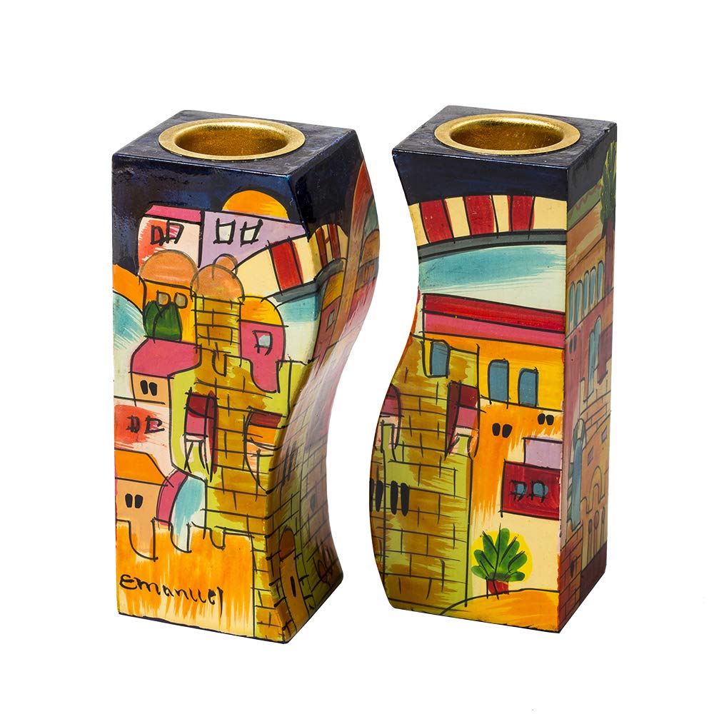 Shabbat Candlesticks Holders - Jewish Set - Yair Emanuel Fitted Shabbat CANDLESTICKS Jerusalem (Bundle)