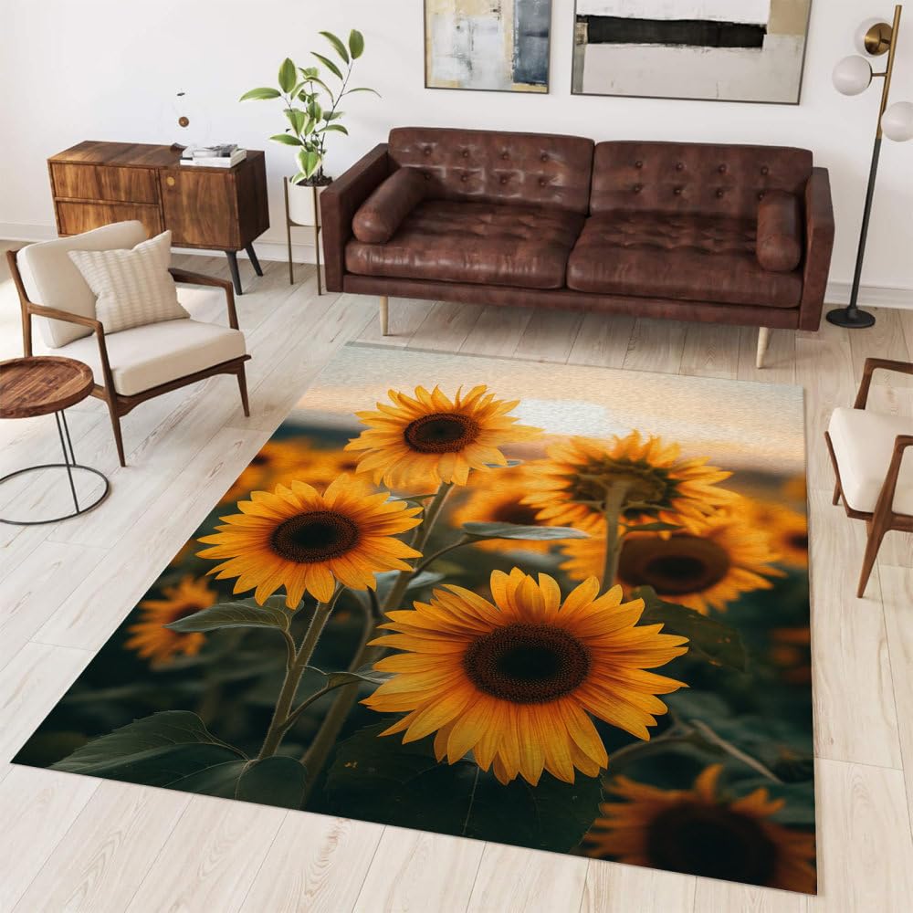 Tapis lavable vintage jaune tournesol floral 80x120 cm pour salon et entrée