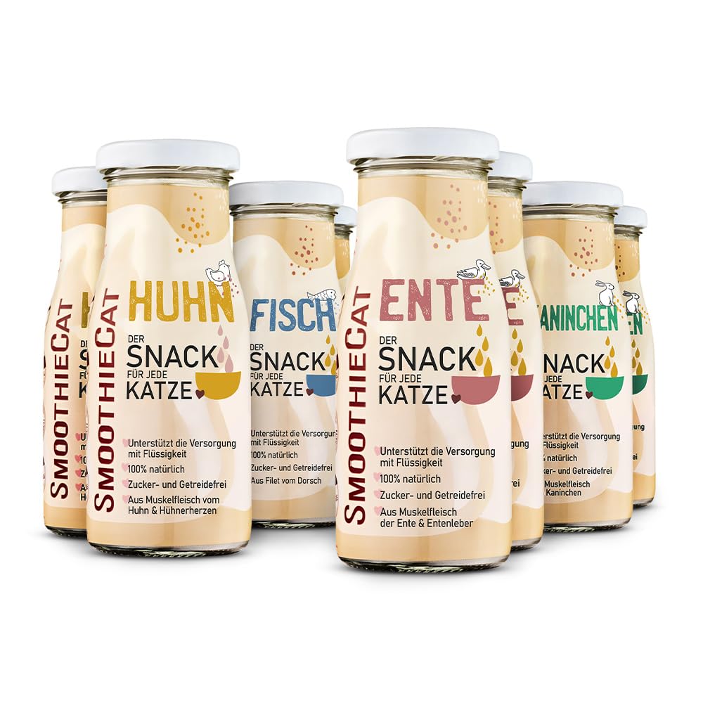 Katzen Smoothie SmoothieCat 8er Mix - je 2X: Huhn, Ente, Fisch, Kaninchen - Flüssignahrung für Katzen - Katzensuppe - Katzenmilch - Zucker- & glutenfrei - je 150ml