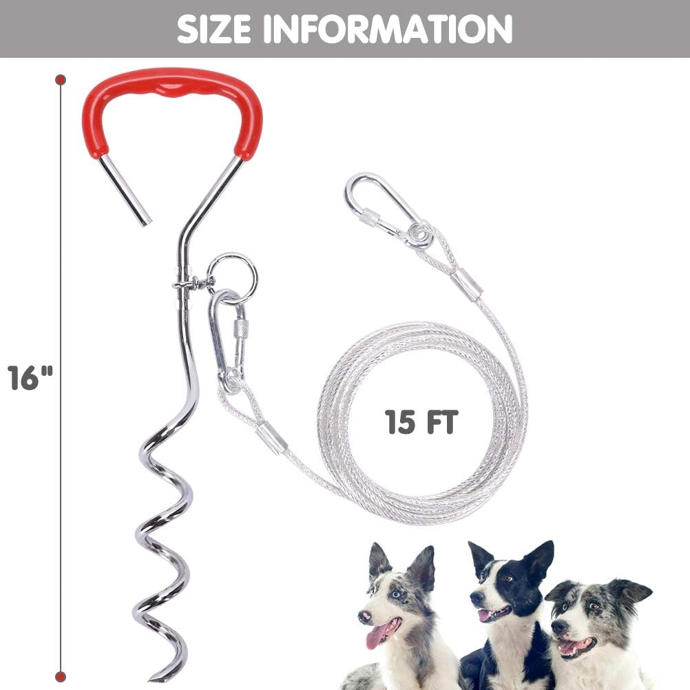 Dog Tie Out Cable and Stake 15 ft - Reflective Design Dog Run Fit for Small to Medium Dogs with 16" Stake, Dog Lead for Yard, Camping, Garden