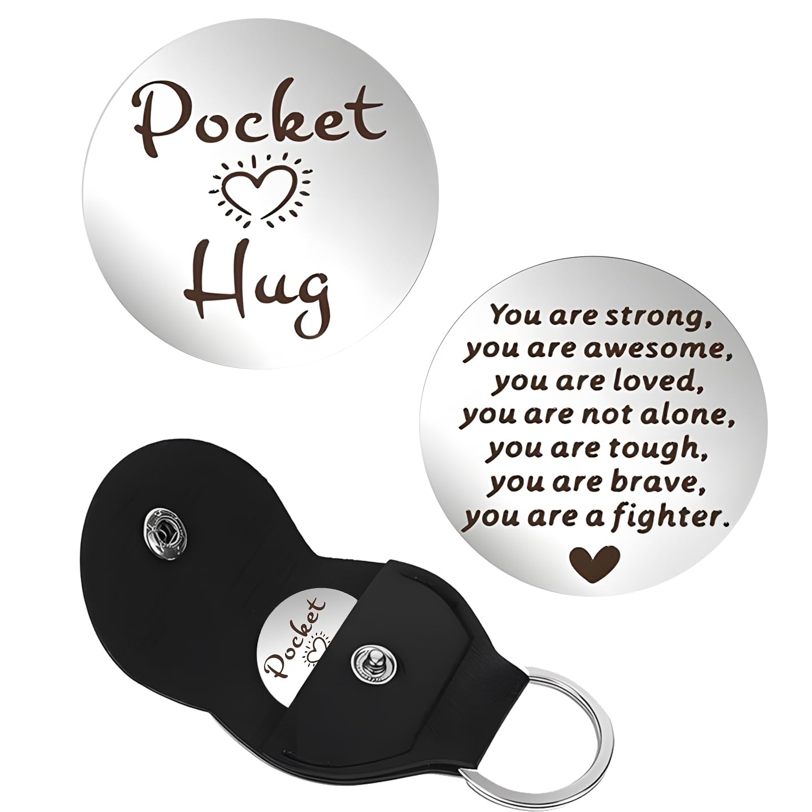 Yirrmiwn Unisex Silver Pocket Hug Keyring For Women Men With Leather Case, Thinking Of You Gifts For Women Friendship Inspirational Positive Support Best Friend Encouragement Gifts